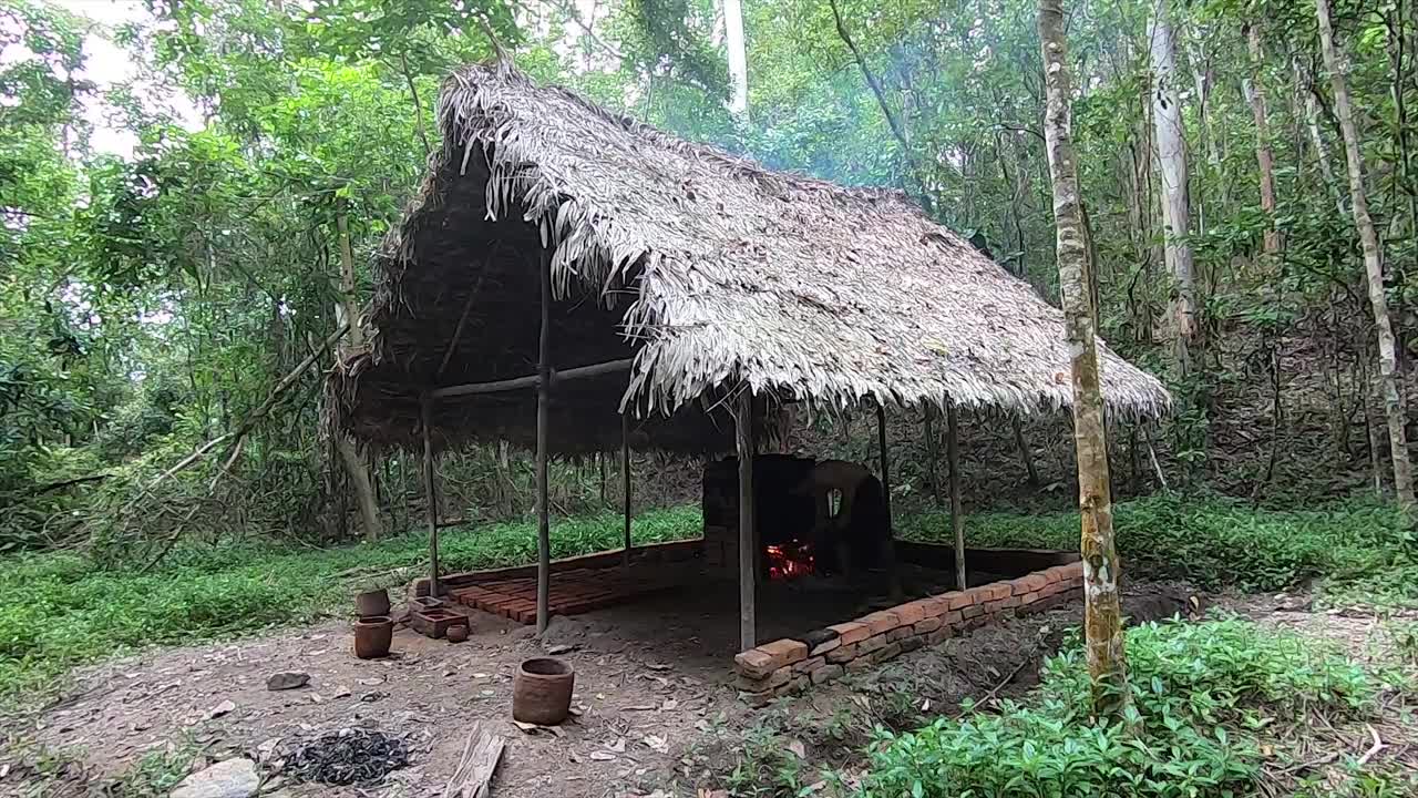 Primitive Technology: Wood Ash Cement & Fired Brick Hut