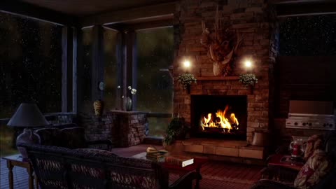 A Cozy Fire in Fireplace and Raining Outside