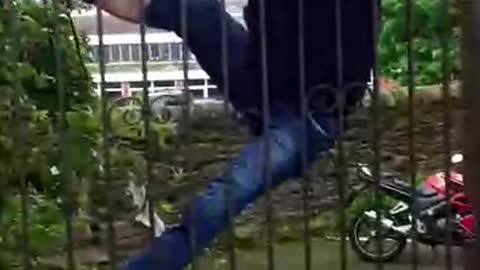 British crackhead climbs a fence