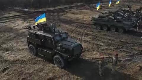 American Stryker and MRAP Cougar armored vehicles that have been transferred to Ukraine