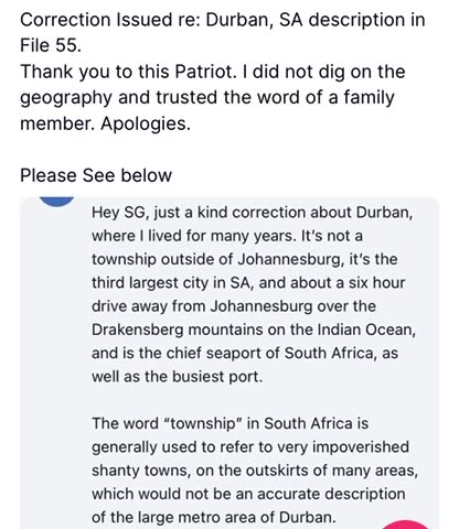 Corrective Edit: File 55, Re: Durban, SA Geography