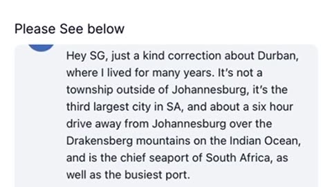 Corrective Edit: File 55, Re: Durban, SA Geography