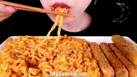 ASMR CHEESY CARBO FIRE NOODLE, MOZZARELLA CHEESE STICKS EATING SOUNDS MUKBANG먹방