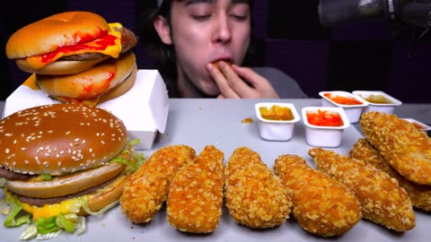 MCDONALD'S MUKBANG ASMR BIG MAC; CHEESEBURGER 6 CHICKEN STRIPES EATING SOUNDS