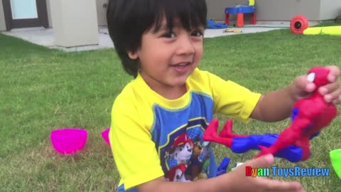 HUGE EGGS Surprise Toys Challenge with Inflatable water slide