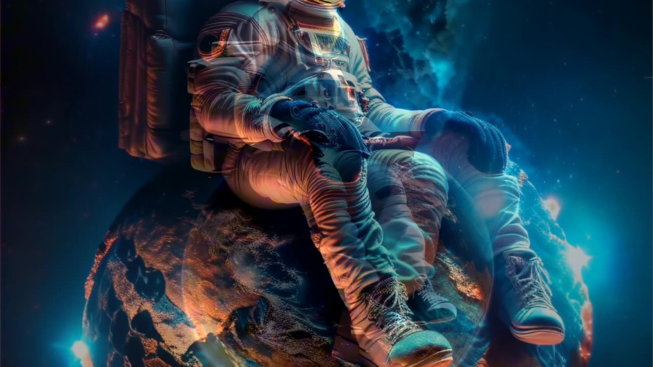 AI Generated Video of an Astronaut sitting on the Globe of Earth and looking the Whole Universe