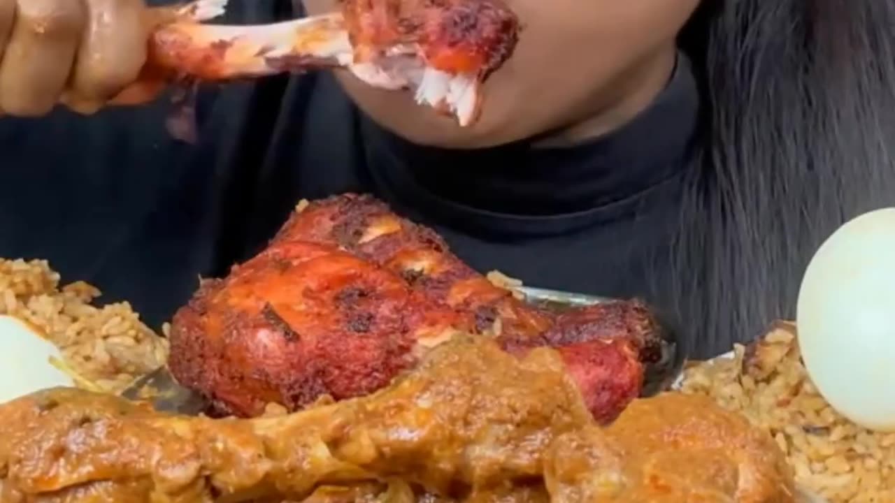 ASMR_Eating_Spicy_Chicken_Biryani,Curry,Leg_Piece_Fry,Thigh_