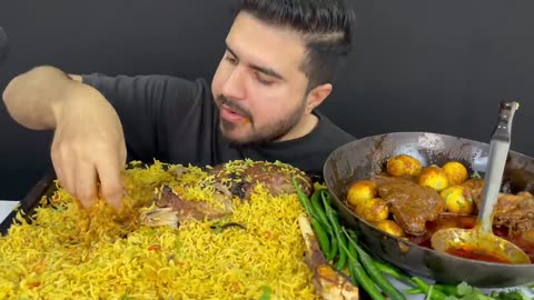 mutton leg biryani,spicy & huge chiccken & egg cury eating