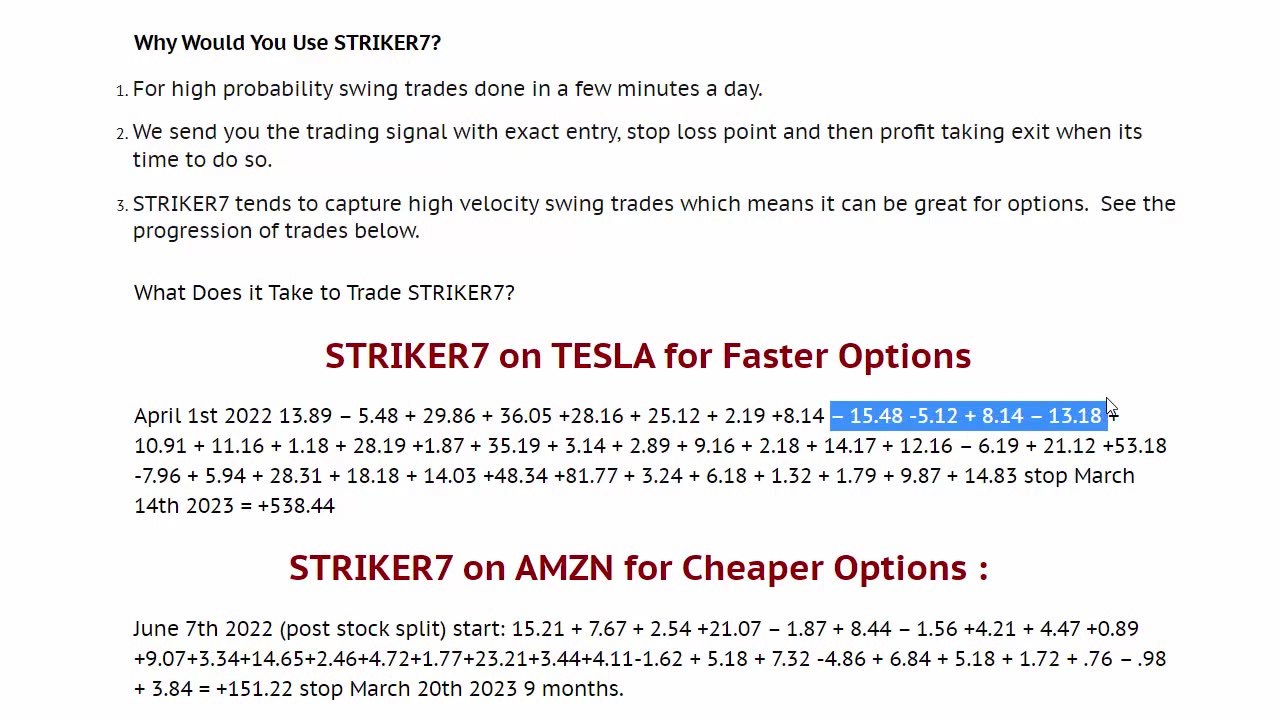 STRIKER7 Stocks and Cheap Options Swing Trading Signals Service Overview