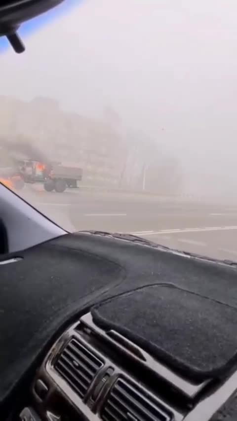 Police and military cars are burning in the streets of Almaty.