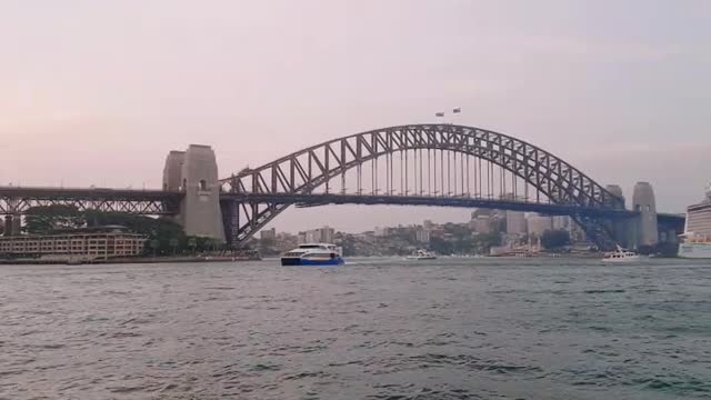 Harbour Bridge and Opera House before sunset.