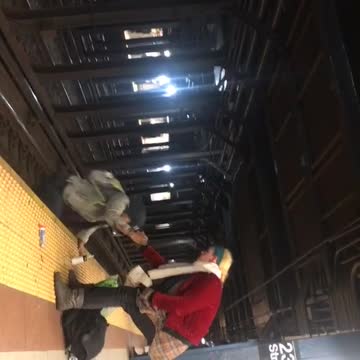 Woman helps person climb up from crossing subway train tracks and falls back