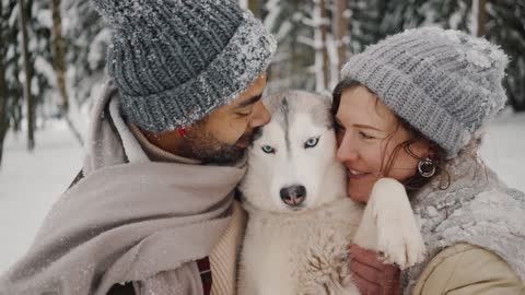 dog receiving love from owners