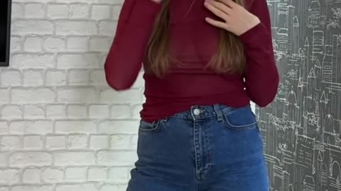 Trying on a burgundy transparent shirt