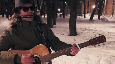 Street Musician Playing Guitar and Harmonica Background Video 4k