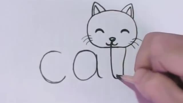 Super Easy! How to turn Words Cat Into a Cartoon Cat. learning step by step for kid