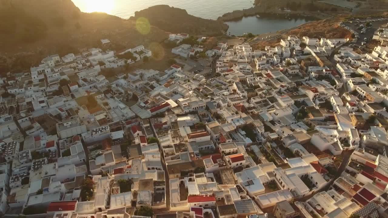 Drone flying over a coastal village