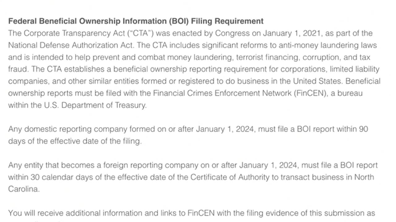 "Federal Beneficial Ownership Information Filing Requirement" ℹ️ "North Carolina Secretary of State"