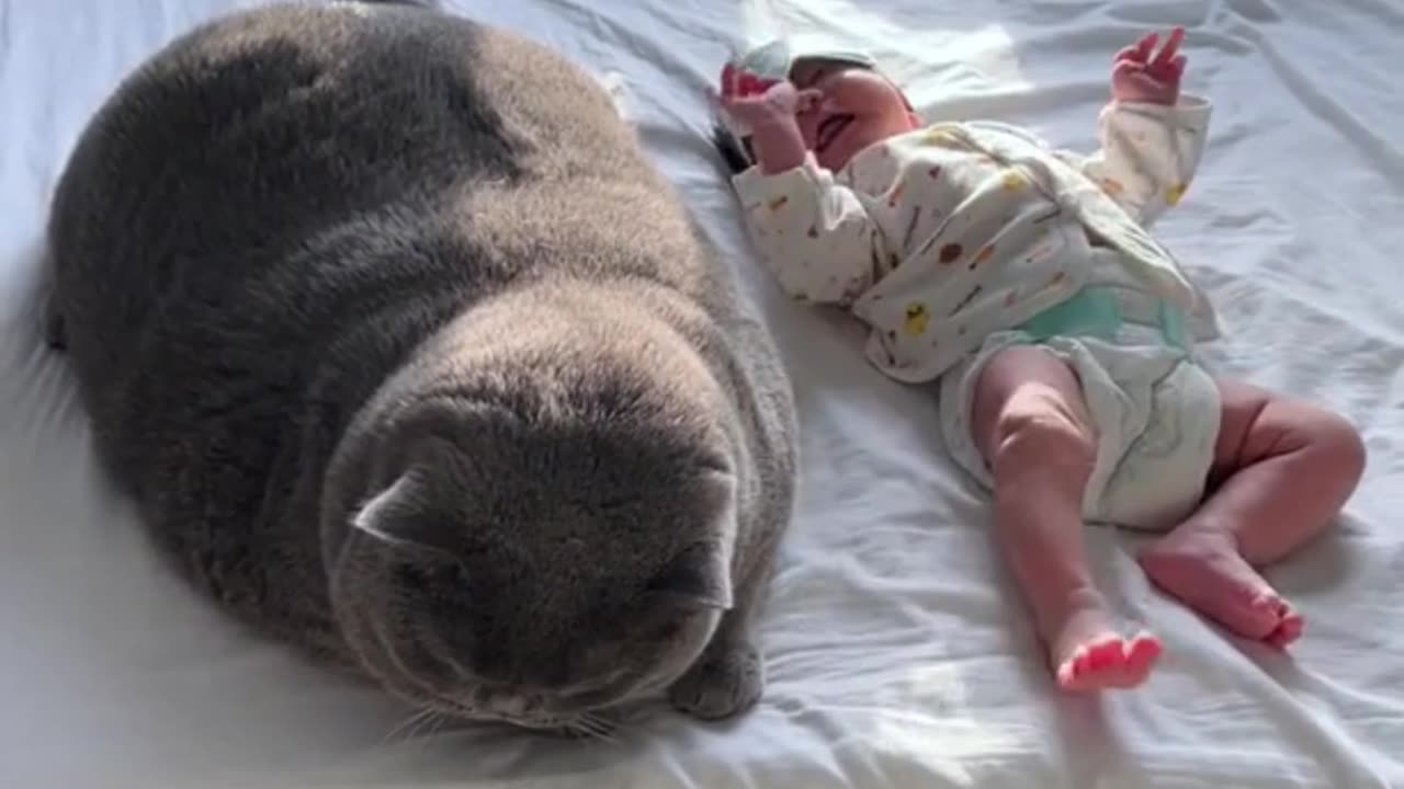 The cat is even bigger than the baby. Wow