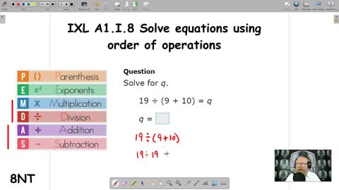 Solve equations using order of operations - IXL A1.I.8 (8NT)