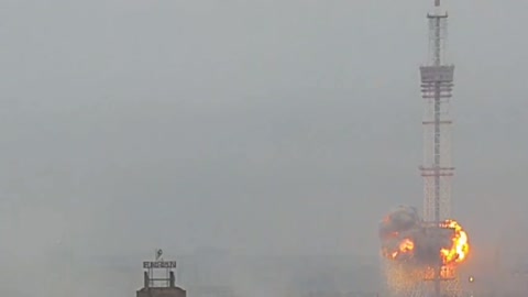 The moment the Russian missile hits the TV tower. City of Kyiv