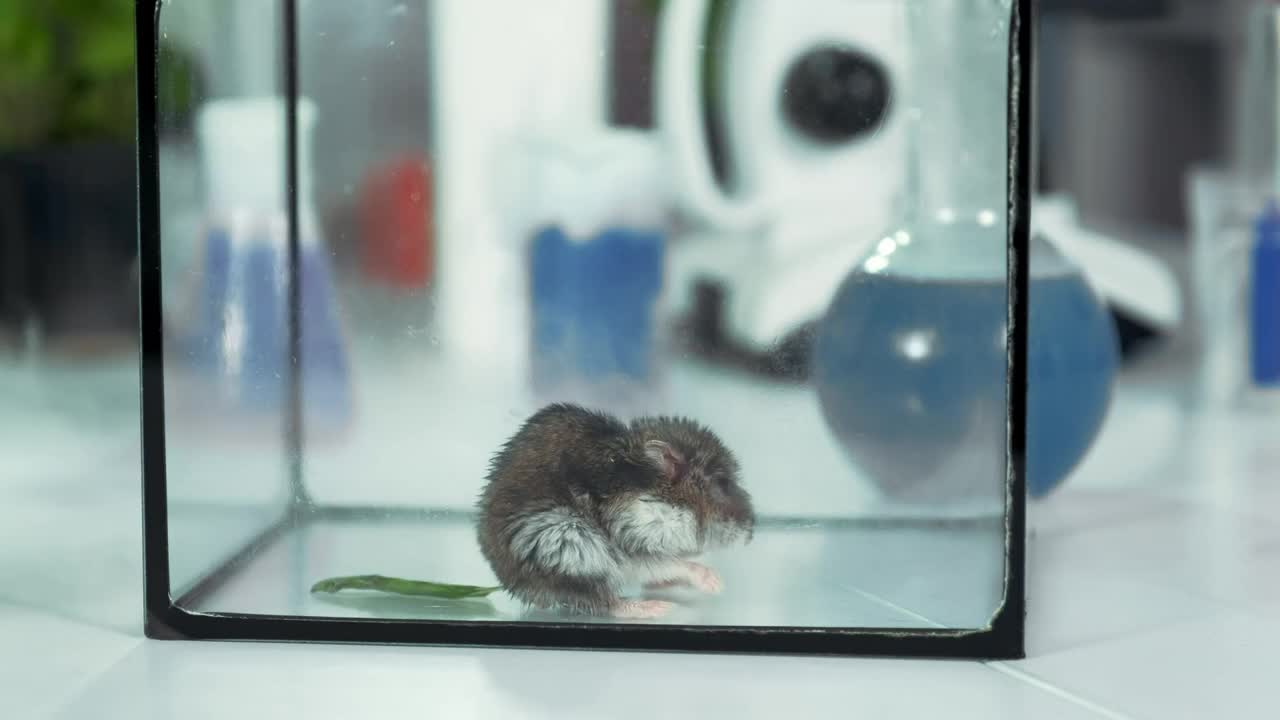 Experiment in modern chemistry laboratory running smoke from flask into a glass container with mouse