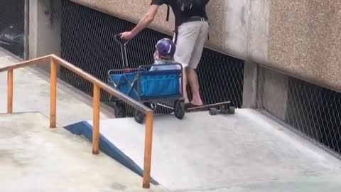 Collab copyright protection - skateboard dad kid in blue cart fail