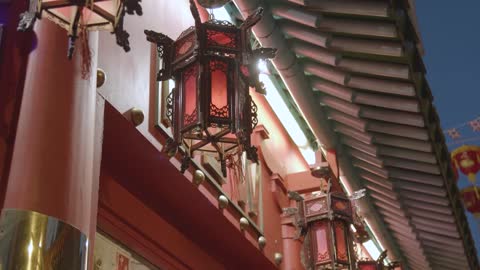 Close Up Of Lanterns Outside Restaurant In Gerrard Street In Chinatown At Dusk In London England UK