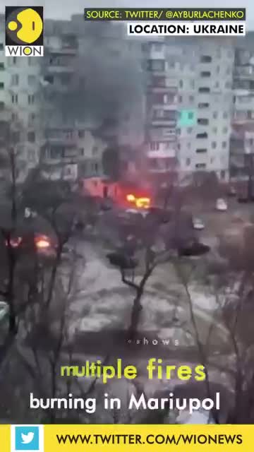 Drone shots of destroyed building in Ukraine’s Kyiv; multiple blazes in Mariupol