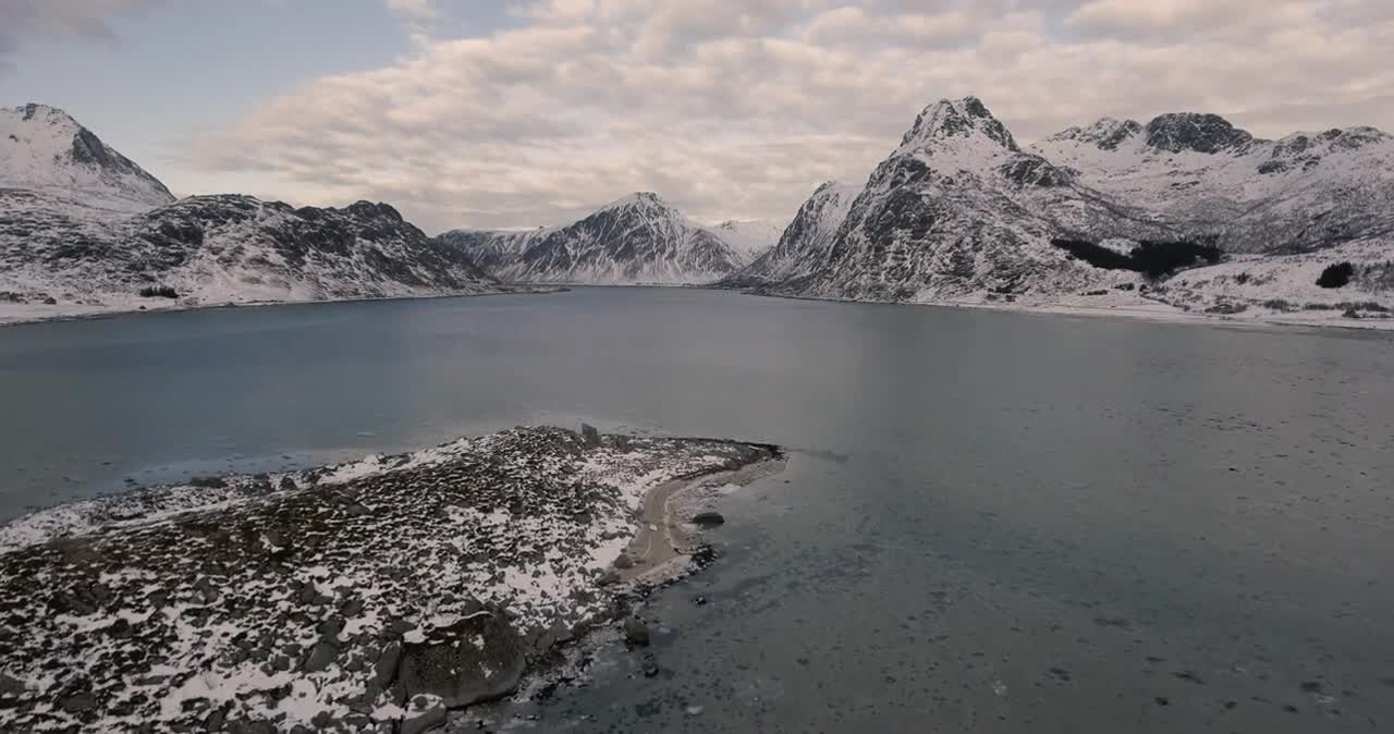Frozen lake next to snow-capped mountains