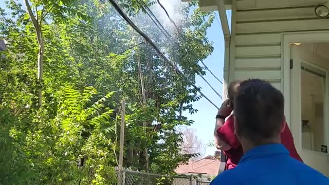 Electrical line popping and exploding eventually falls everyone watches and walks back