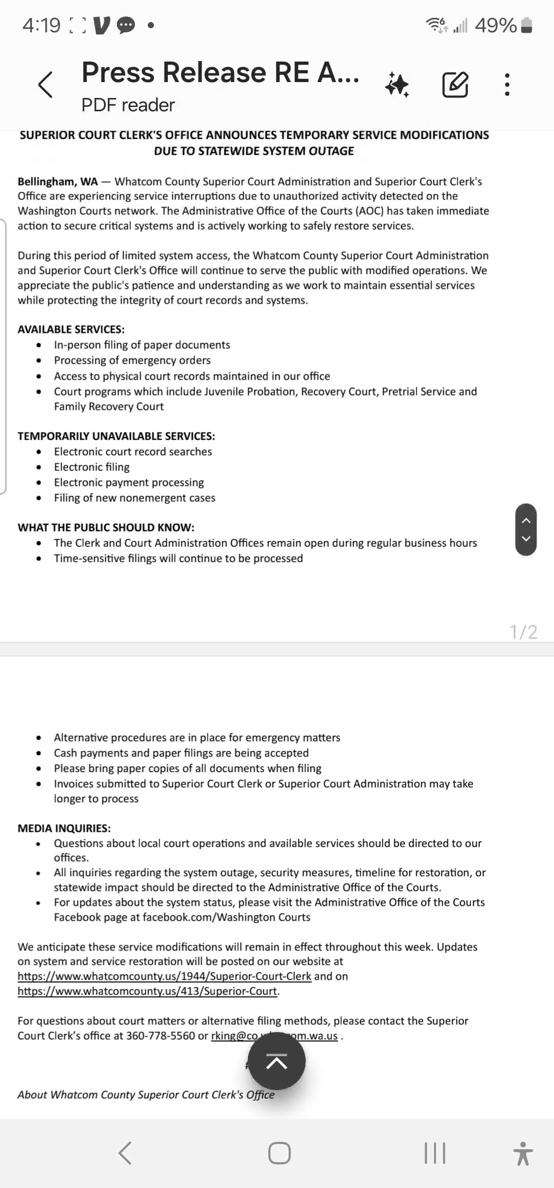 WASHINGTON State courts computers systems down.