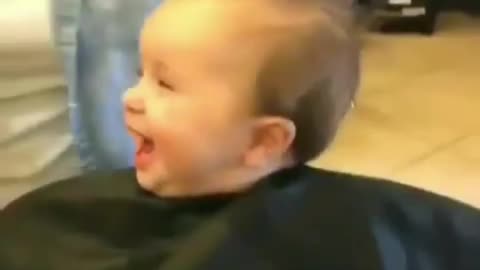 little boy having fun while getting haircut