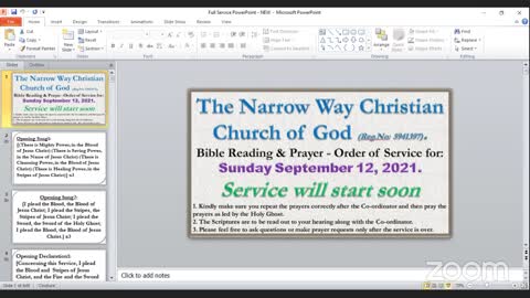 The Narrow Way Christian Church of God Service - Sunday 20210912