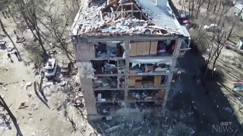 Drone footage shows the aftermath of a Russia missile strike in Ukraine