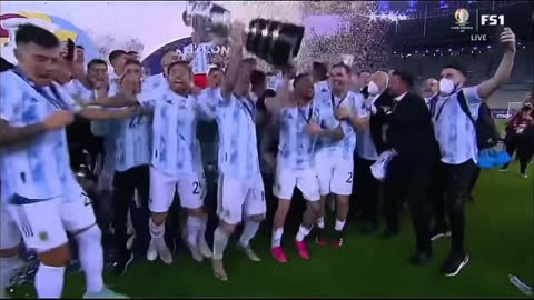 Messi Lifting his first ever national trophy Copa America Win 2021