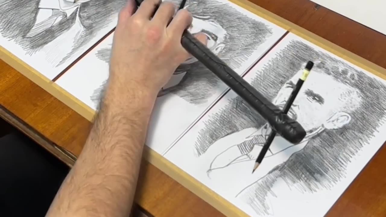 Artist Draws Three Portraits at the Same Time with One Hand