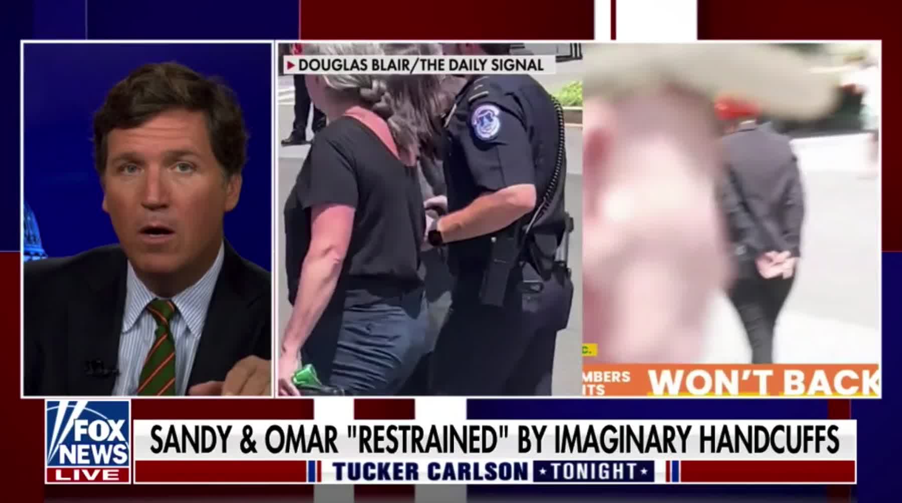 Tucker Carlson mocks how AOC and Ilhan Omar were led away by police in imaginary handcuffs