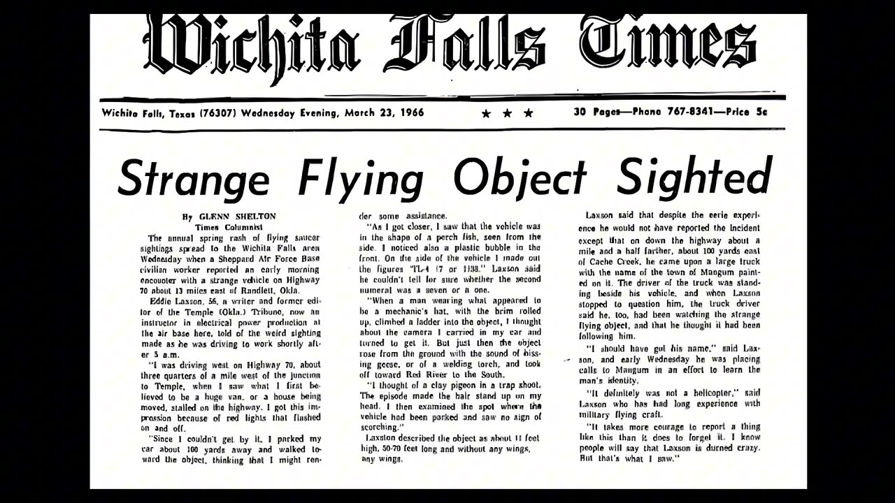 William Eddie Laxson and his 1966 encounter with a UFO blocking the road near Temple Oklahoma