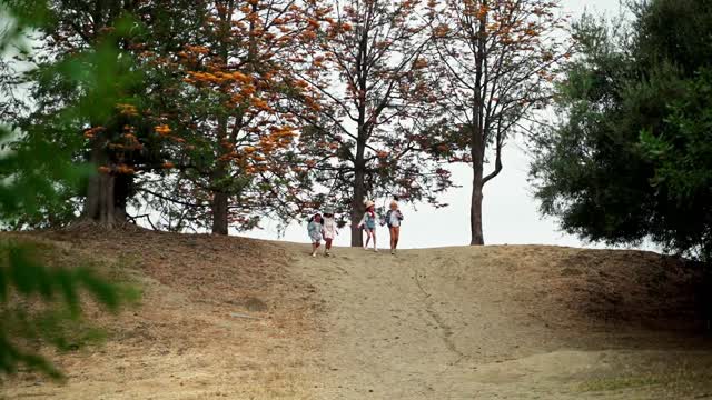 Friends Walking Downhill while Holding Hands