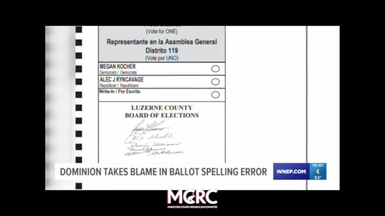 DOMINION ADMITS BALLOT ERROR IN LUZERNE COUNTY PA