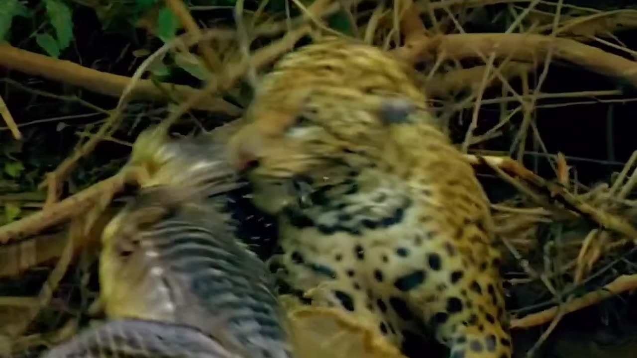 The jaguar attacks the Crocodile| grabbing it and pulling it out of the lake