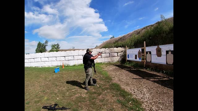 Run 50 yards, shoot rifle and transition to pistol