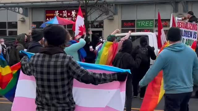 Antifa and Gays Against Groomers engage in protest at Drag Queen Story Hour in Coquitlam, BC.