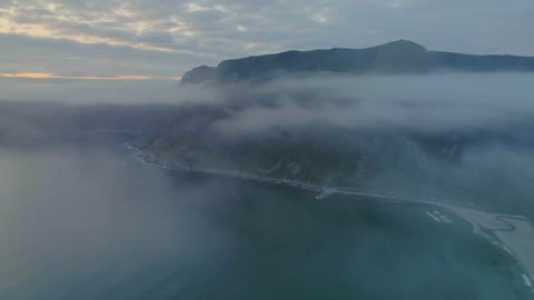 Cloudy aerial view of Hoddvika Beach in Norway