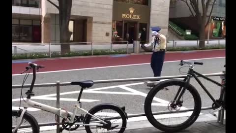 Policeman help ducks cross the road