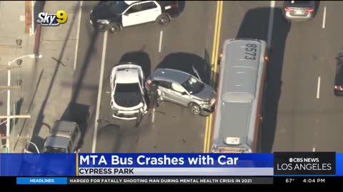 1 hospitalized after MTA bus crashes with car in Cypress Park