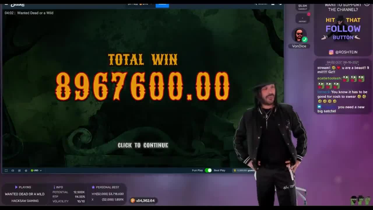 ROSHTEIN 9 MILLION WIN ON WANTED DEAD OR A WILD!! WORLD RECORD WIN