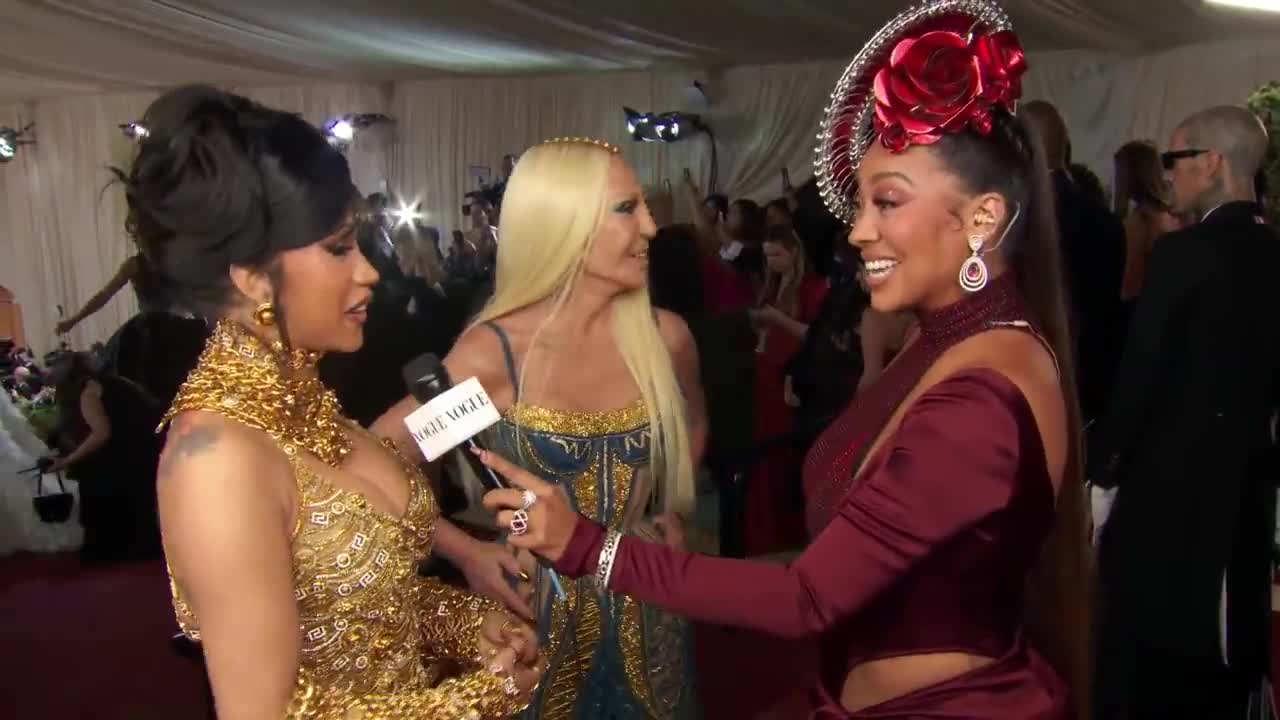 Cardi B & Donatella Versace on Cardi's Golden Metal Dress | Met Gala 2022 with La La Anthony