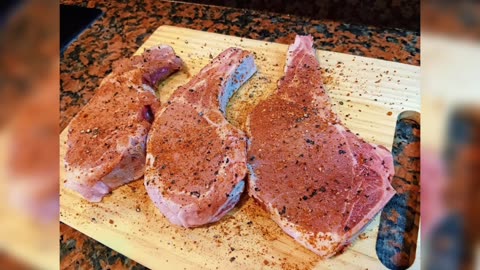 BONE-IN PORK CHOPS , ASPARAGUS AND REDBERRY RICE